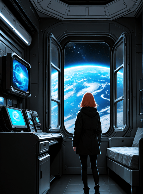 woman, spaceship, earth, monitor, bed, window, screen