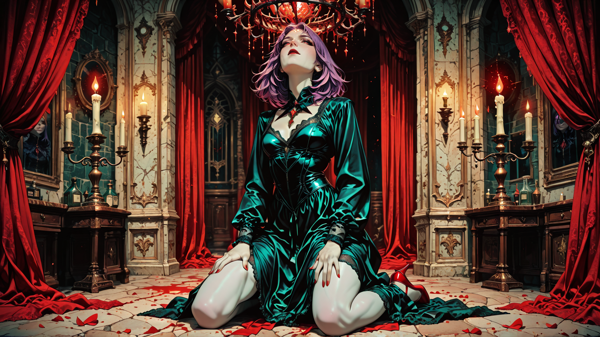AI generated wallpaper featuring woman, kneeling, candle, curtains, chandelier, mirror, dress, blood, room