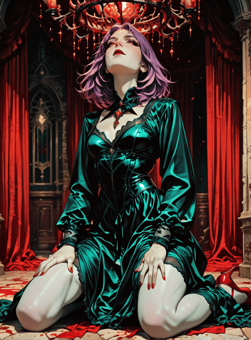 woman, kneeling, candle, curtains, chandelier, mirror, dress, blood, room