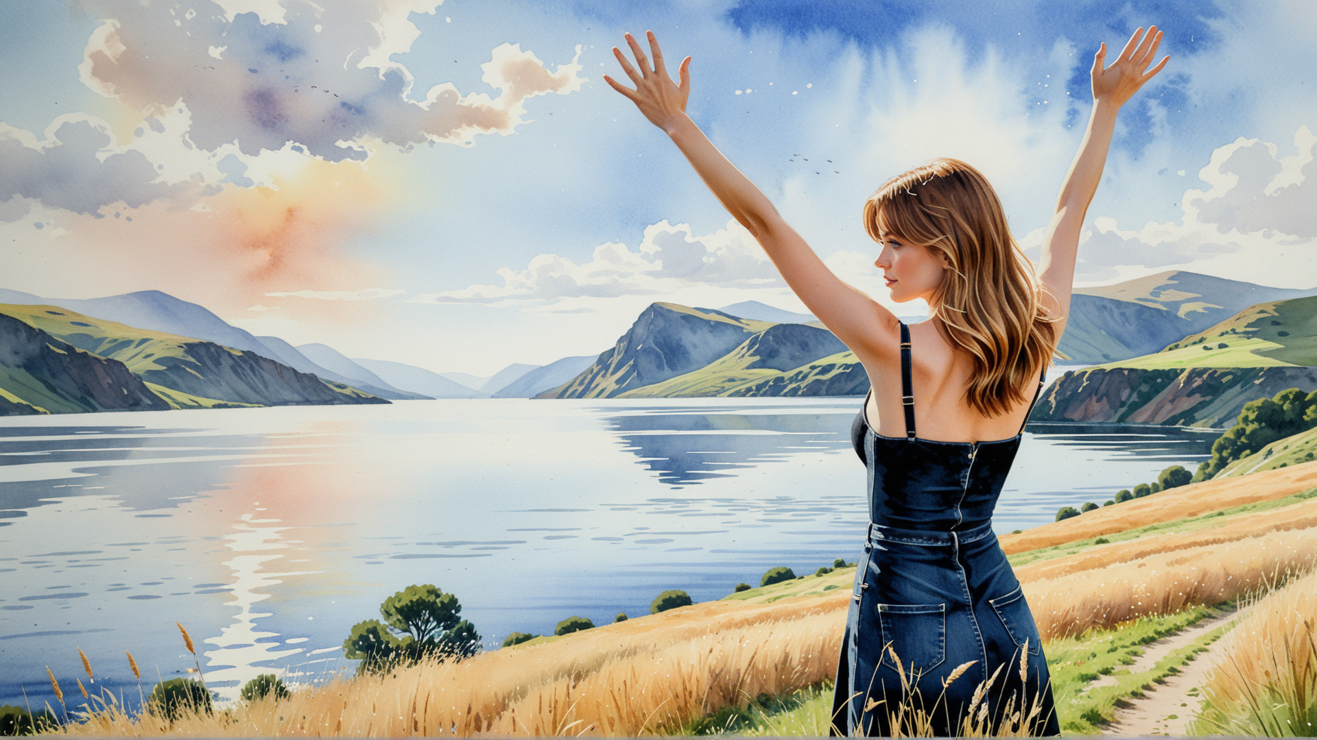 AI generated wallpaper featuring woman, lake, mountains, grass, sky, clouds, sunlight, path, trees, sunset
