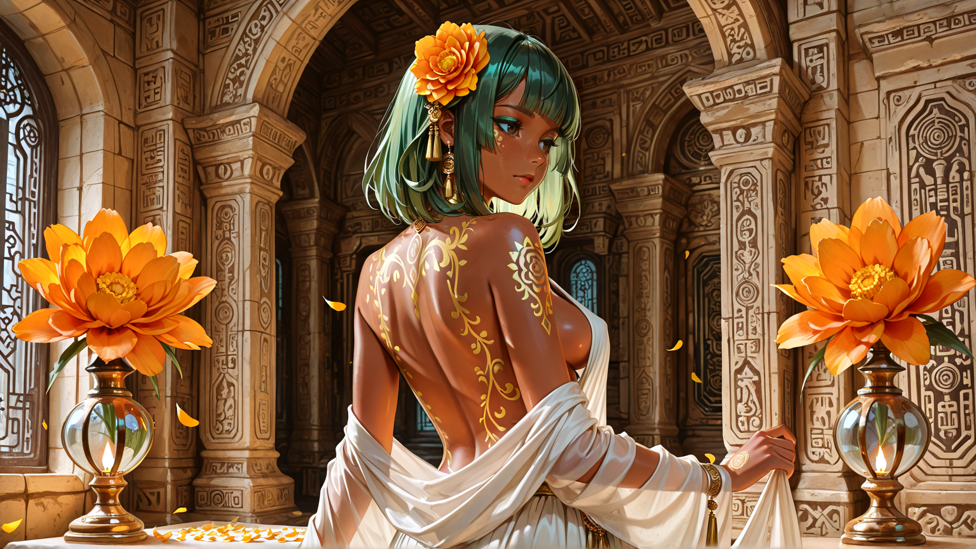 AI generated wallpaper featuring woman, flower, lantern, temple, gold, dress, earring, painting, arch, petal
