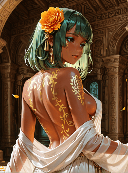 woman, flower, lantern, temple, gold, dress, earring, painting, arch, petal