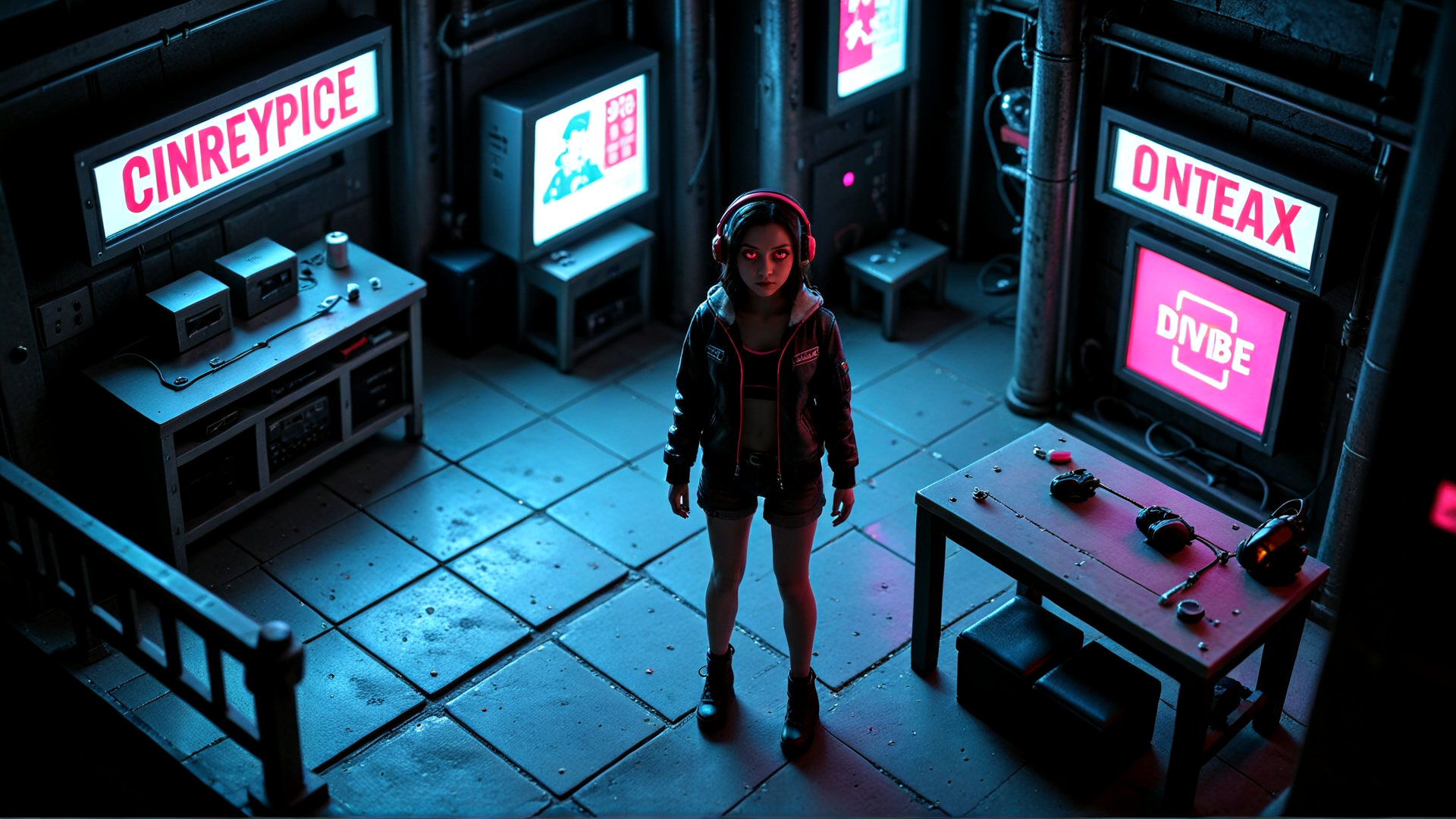 AI generated wallpaper featuring girl, headphones, tv, screen, table, room, monitor, sign, circuit, electronics