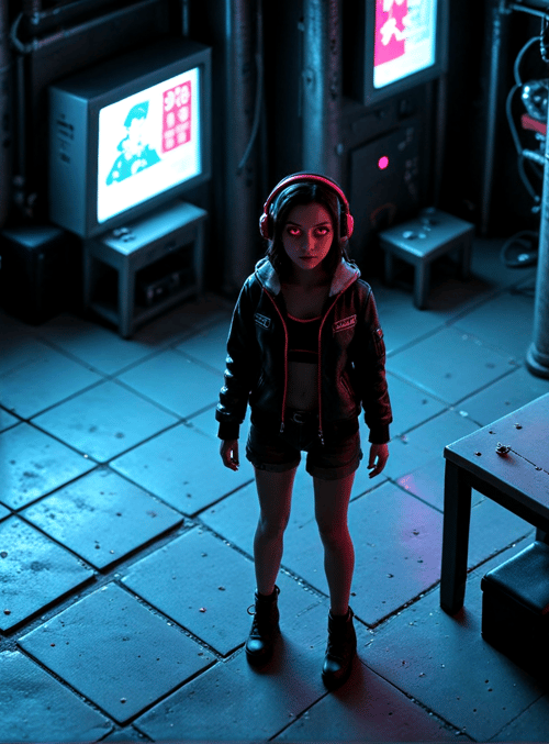 girl, headphones, tv, screen, table, room, monitor, sign, circuit, electronics
