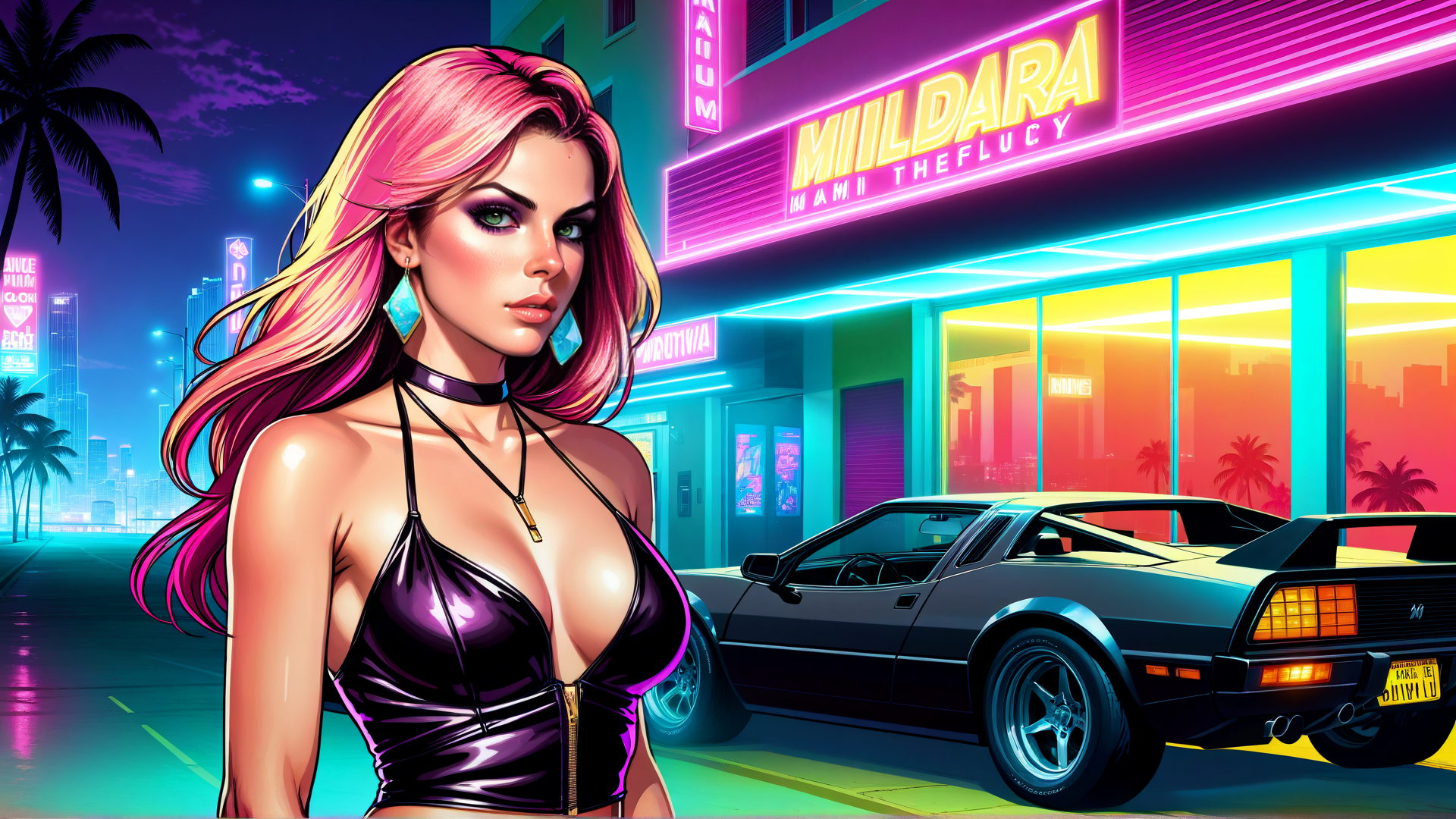AI generated wallpaper featuring woman, car, neon sign