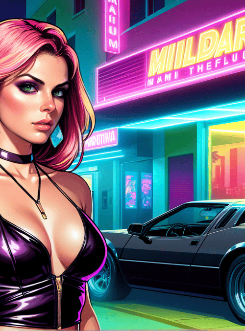 woman, car, neon sign