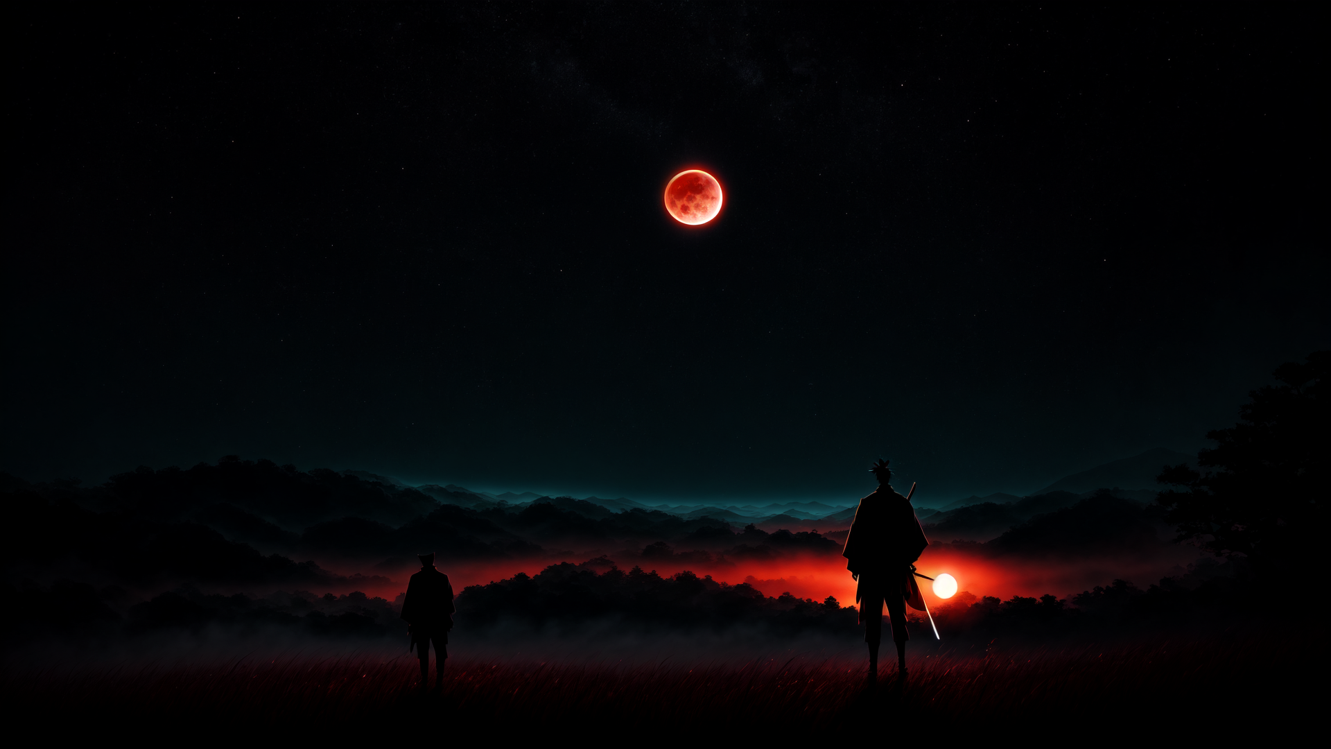 AI generated wallpaper featuring samurai, figure, moon