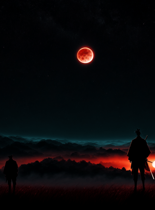 samurai, figure, moon