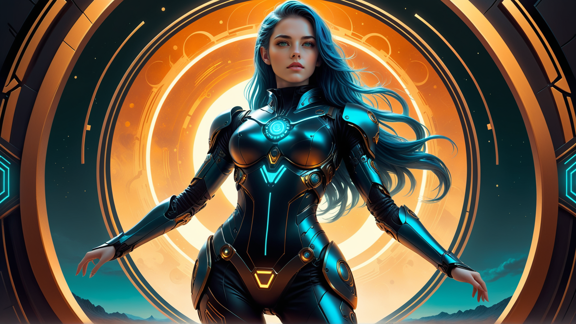 AI generated wallpaper featuring woman, robot, armor, glasses, hair, portal, light, suits, futurism, cyberpunk