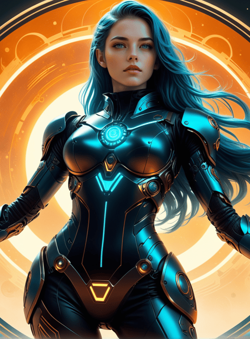 woman, robot, armor, glasses, hair, portal, light, suits, futurism, cyberpunk