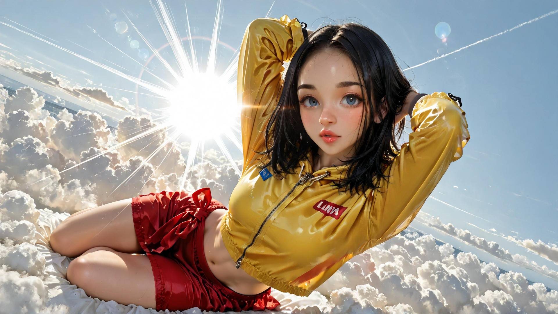 AI generated wallpaper featuring woman, cloud, sun, jacket, shorts, sunlight