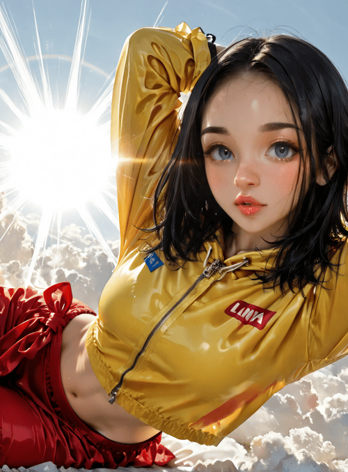 woman, cloud, sun, jacket, shorts, sunlight