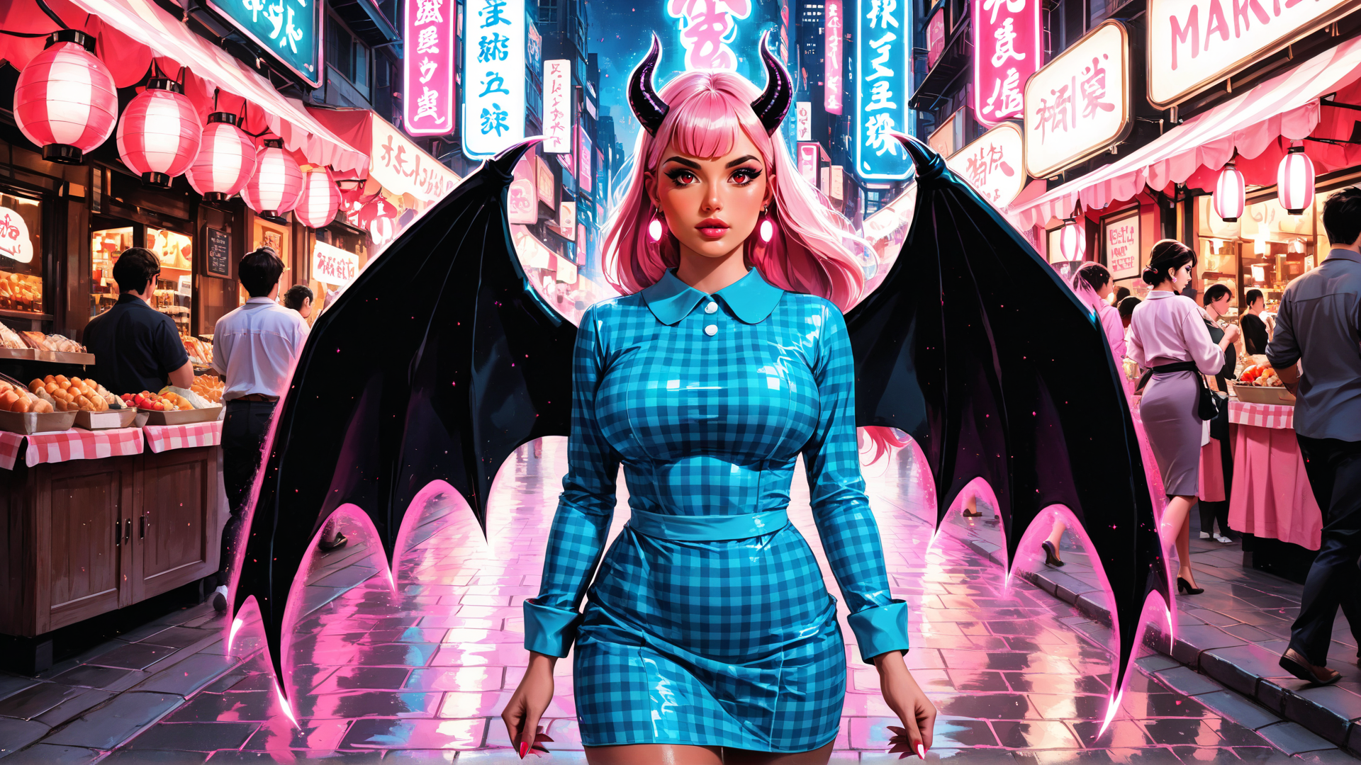 AI generated wallpaper featuring woman, devil, pink hair, dragon wings, market, street, lanterns, signs, dress, crowd