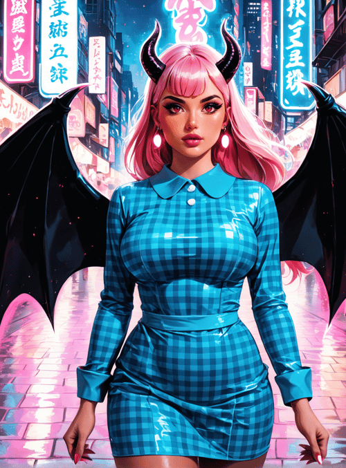 woman, devil, pink hair, dragon wings, market, street, lanterns, signs, dress, crowd