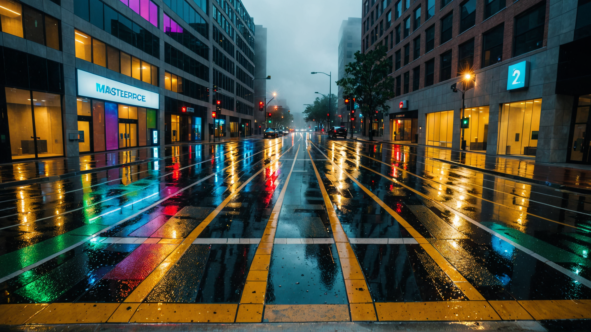 AI generated wallpaper featuring street, city, road, buildings, traffic lights, water, cars, signs, trees, reflection