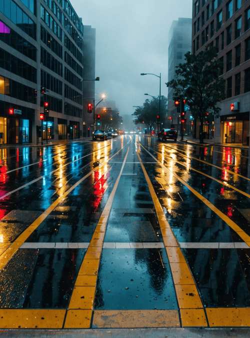 street, city, road, buildings, traffic lights, water, cars, signs, trees, reflection