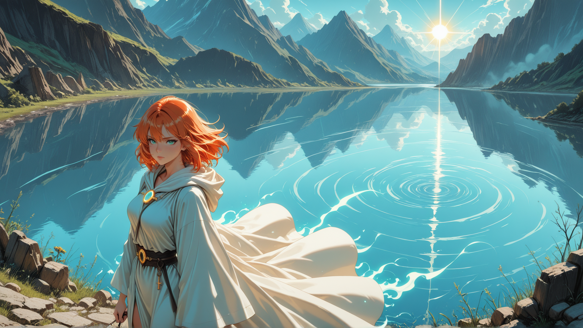 AI generated wallpaper featuring woman, lake, mountains, sun, water, rocks, grass, cape, key, cross