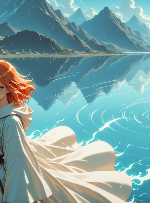 woman, lake, mountains, sun, water, rocks, grass, cape, key, cross