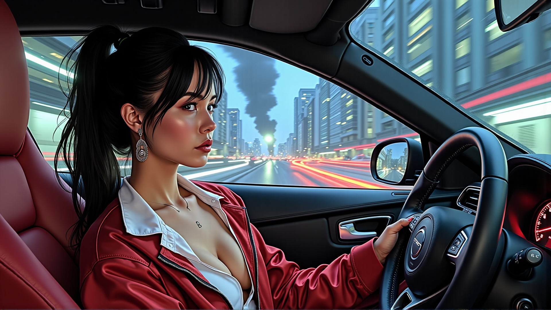AI generated wallpaper featuring woman, car, city, road, steering wheel, earrings, hair