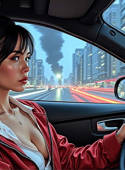 woman, car, city, road, steering wheel, earrings, hair