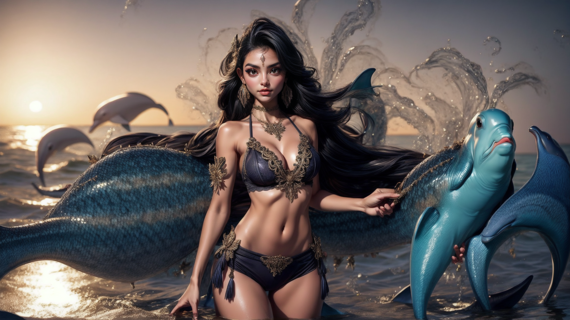 AI generated wallpaper featuring mermaid, dolphin, ocean