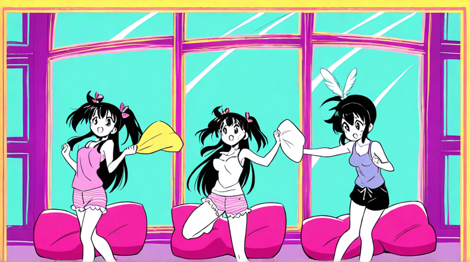 AI generated wallpaper featuring girls, pillows, window