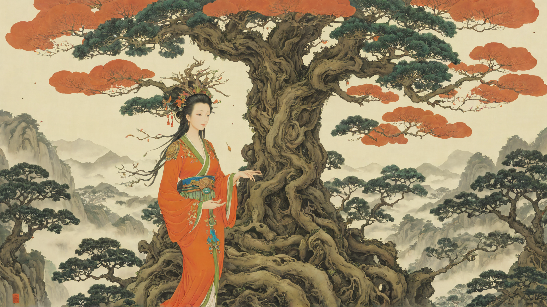 AI generated wallpaper featuring woman, tree, mountain, cloud, pine, red tree, ancient tree, traditional dress, hair ornament, dragon