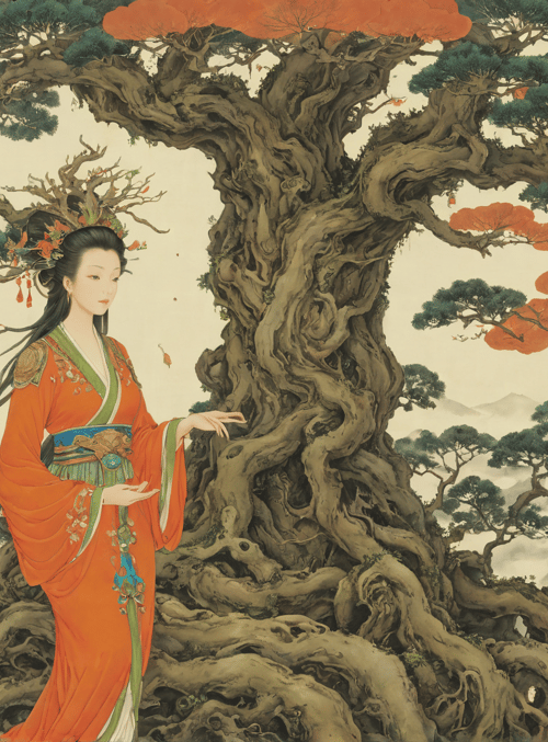 woman, tree, mountain, cloud, pine, red tree, ancient tree, traditional dress, hair ornament, dragon