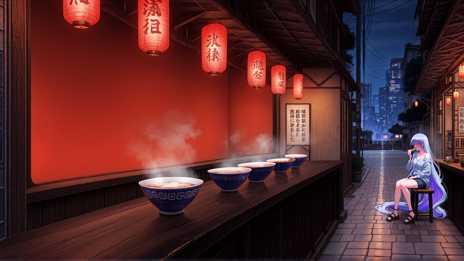 AI generated wallpaper featuring girl, ramen, lantern, street, building, bowl, lantern, chopsticks, cityscape, sign