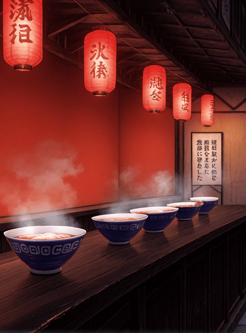 girl, ramen, lantern, street, building, bowl, lantern, chopsticks, cityscape, sign