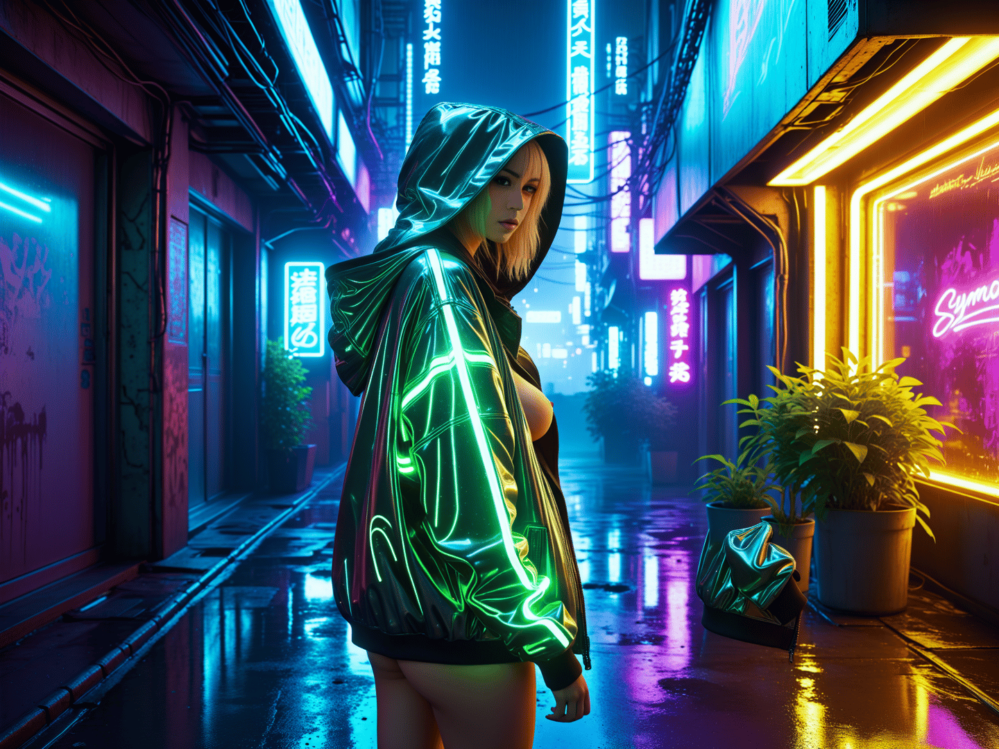 AI generated wallpaper featuring woman, neon jacket, alley
