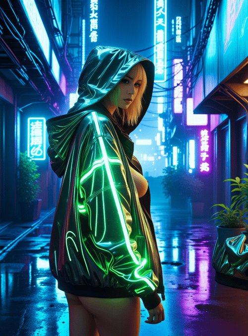 woman, neon jacket, alley