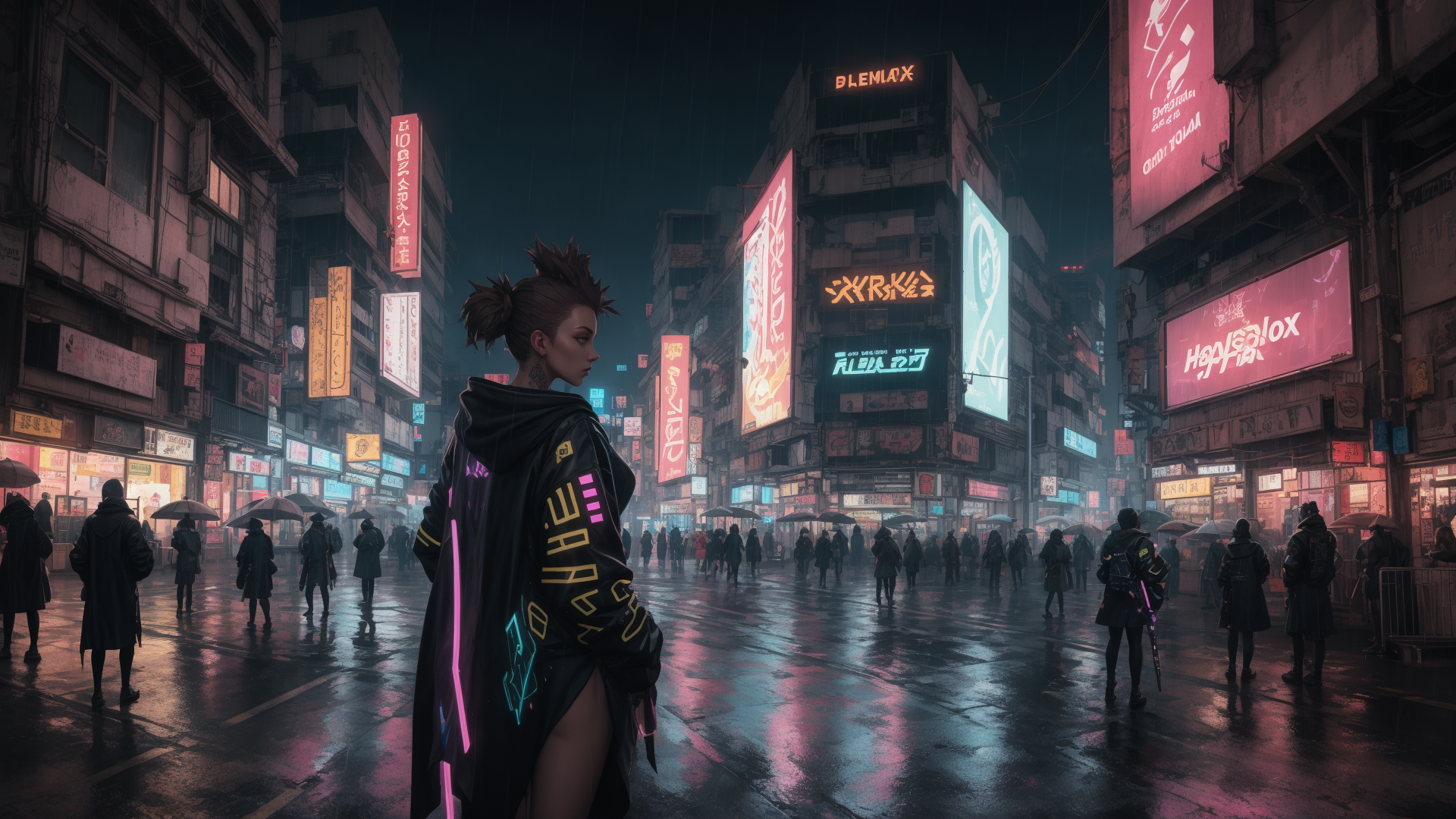 AI generated wallpaper featuring person, city, neon