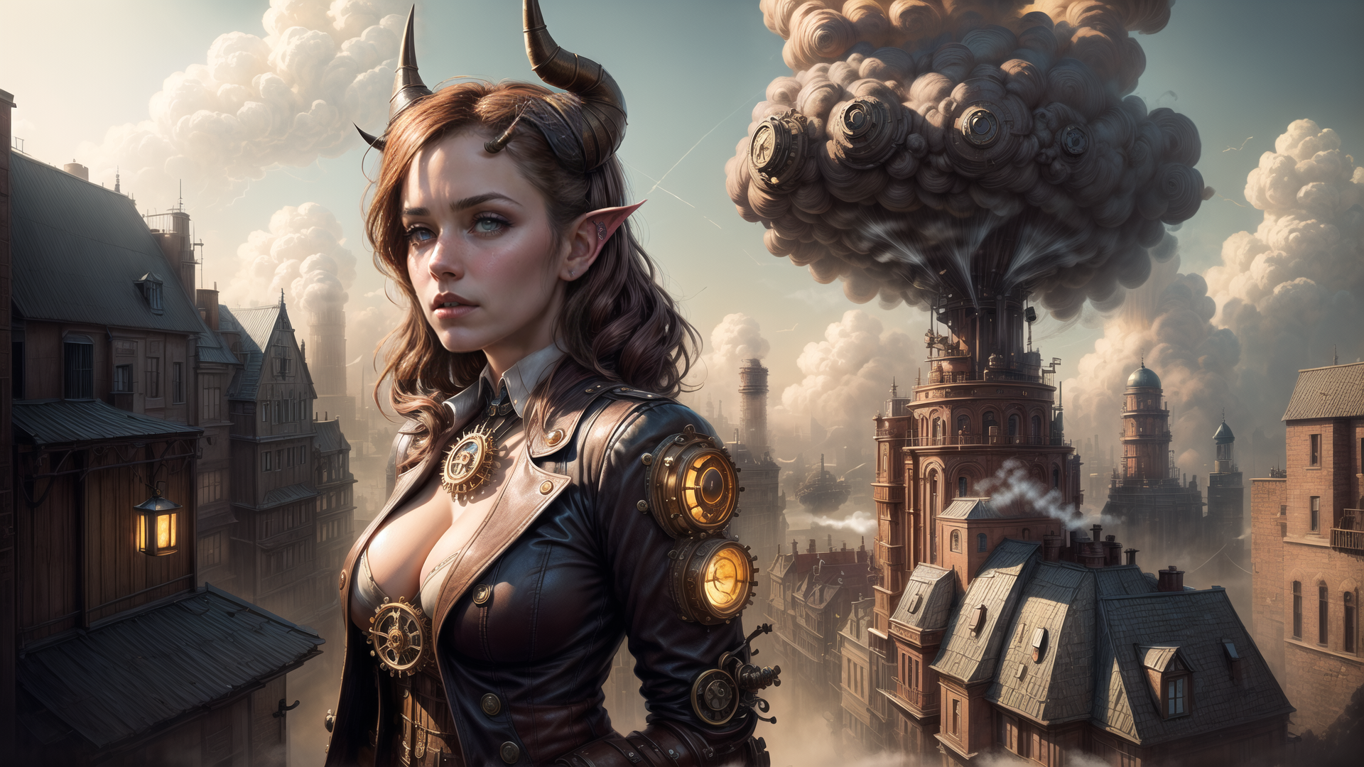 AI generated wallpaper featuring elf, steampunk, horned, cityscape, mechanical