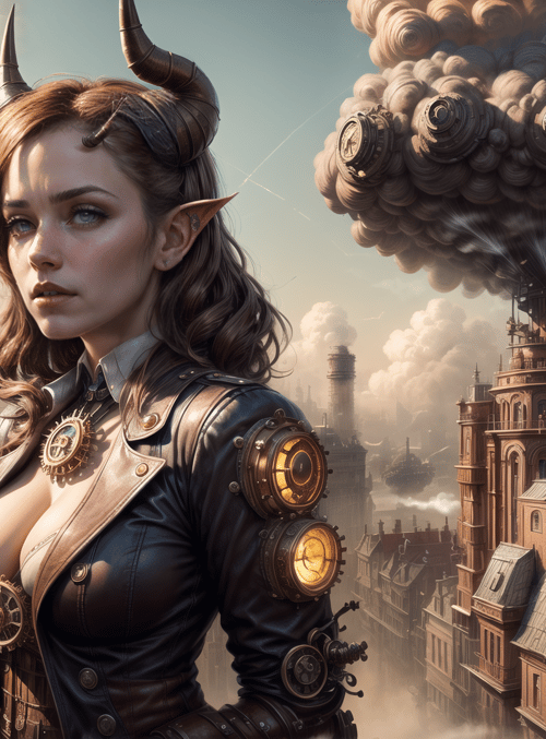 elf, steampunk, horned, cityscape, mechanical