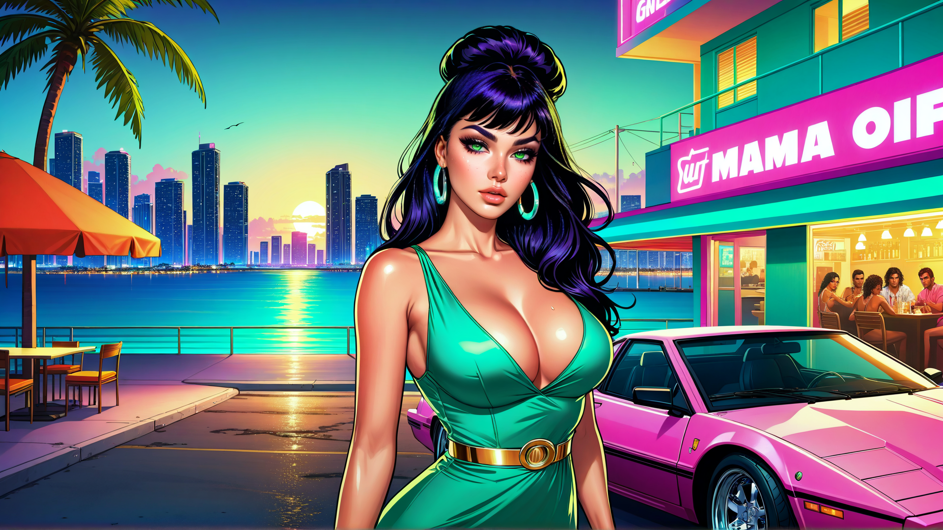 AI generated wallpaper featuring woman, car, building