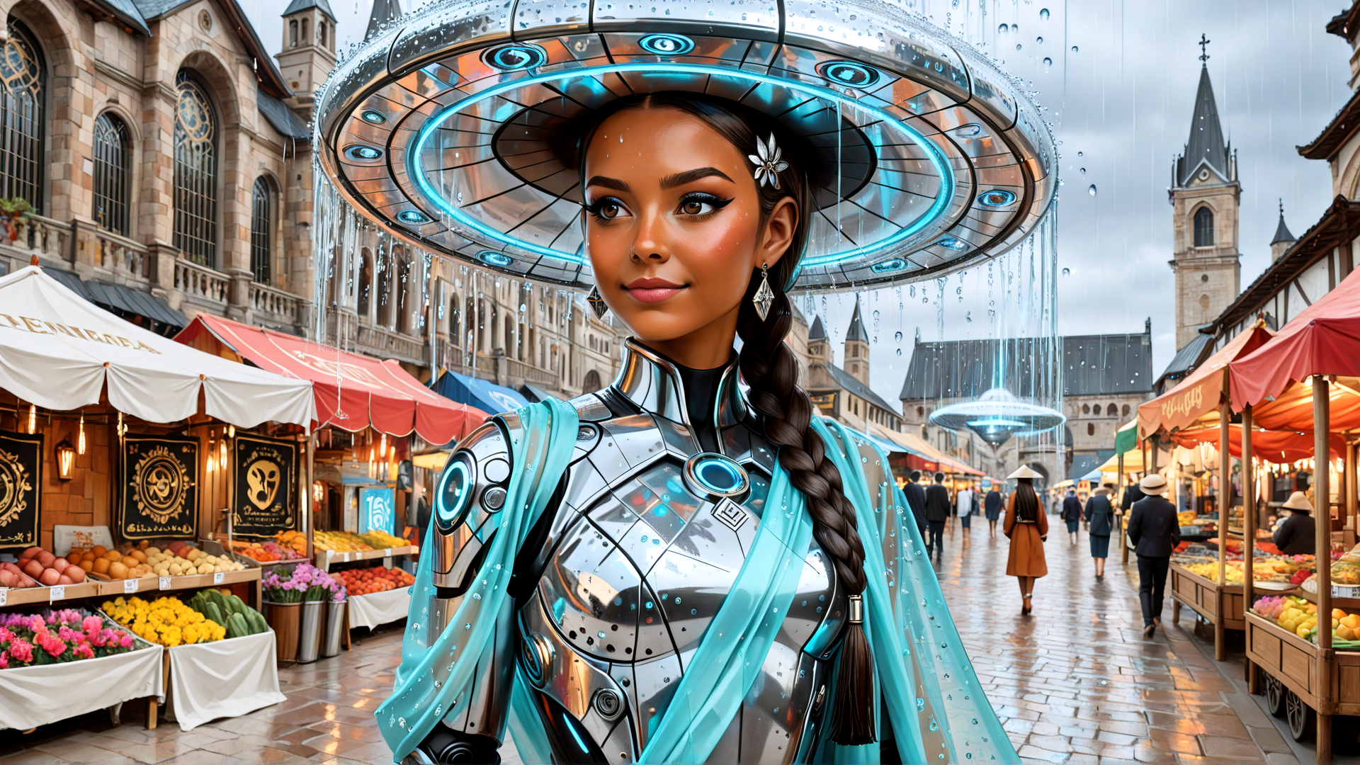 AI generated wallpaper featuring woman, ufo, market, marketplace, braid, cape, fashion, goggles, stalls, buildings