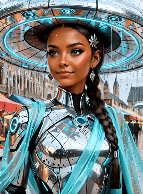 woman, ufo, market, marketplace, braid, cape, fashion, goggles, stalls, buildings