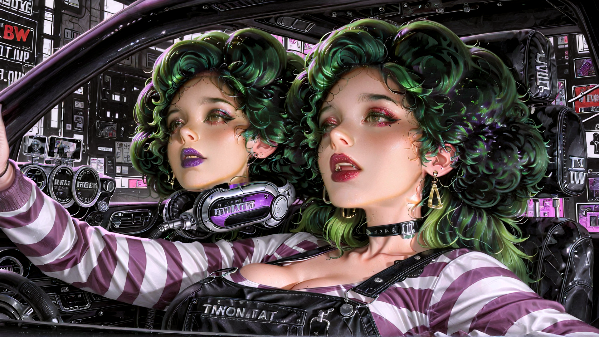 AI generated wallpaper featuring woman, car, headphones, overalls, vintage, sticker, hair, earrings, choker, goggles