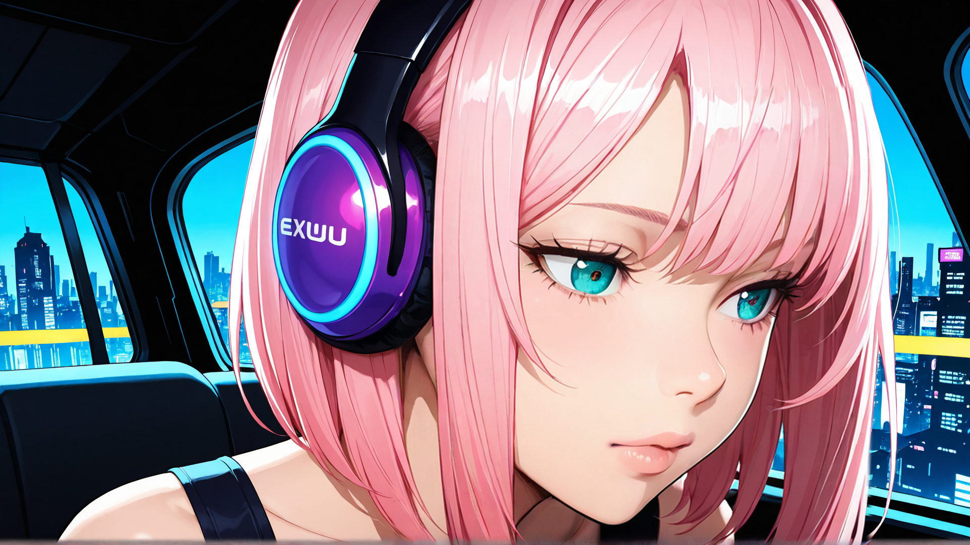 AI generated wallpaper featuring girl, headphones, car, cityscape, hair