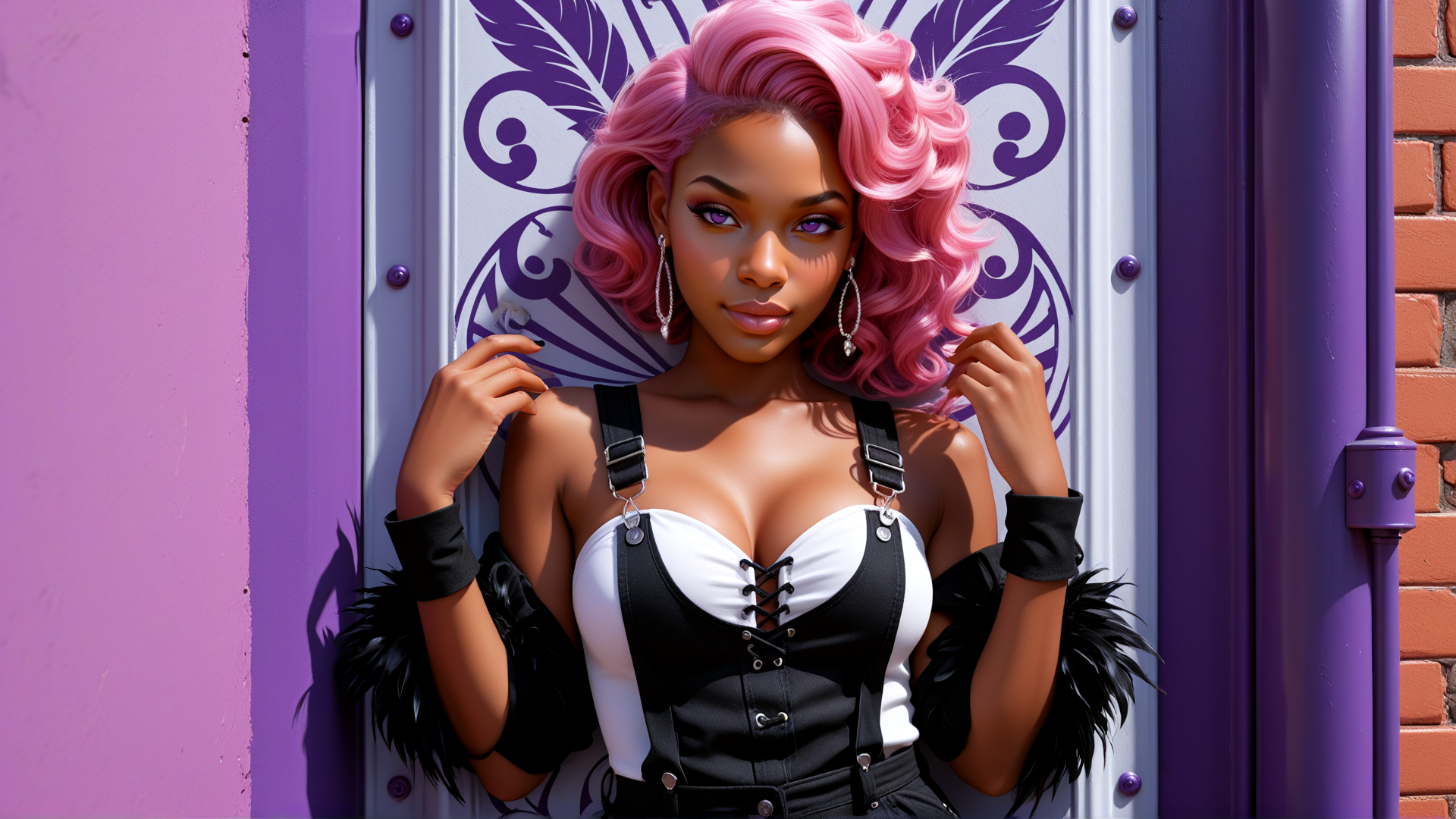 AI generated wallpaper featuring woman, pink hair, suspender top, feather sleeves, earrings