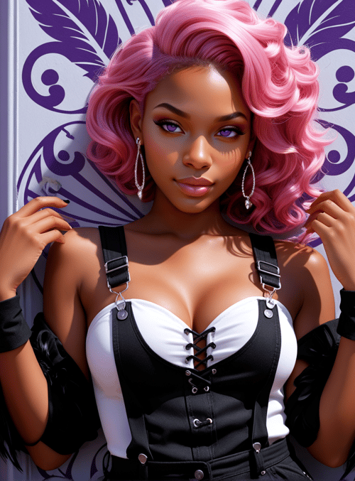 woman, pink hair, suspender top, feather sleeves, earrings