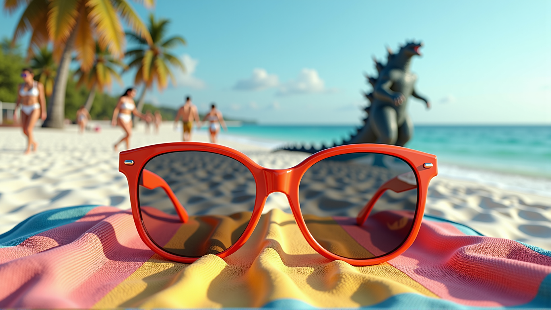 AI generated wallpaper featuring sunglasses, beach, godzilla