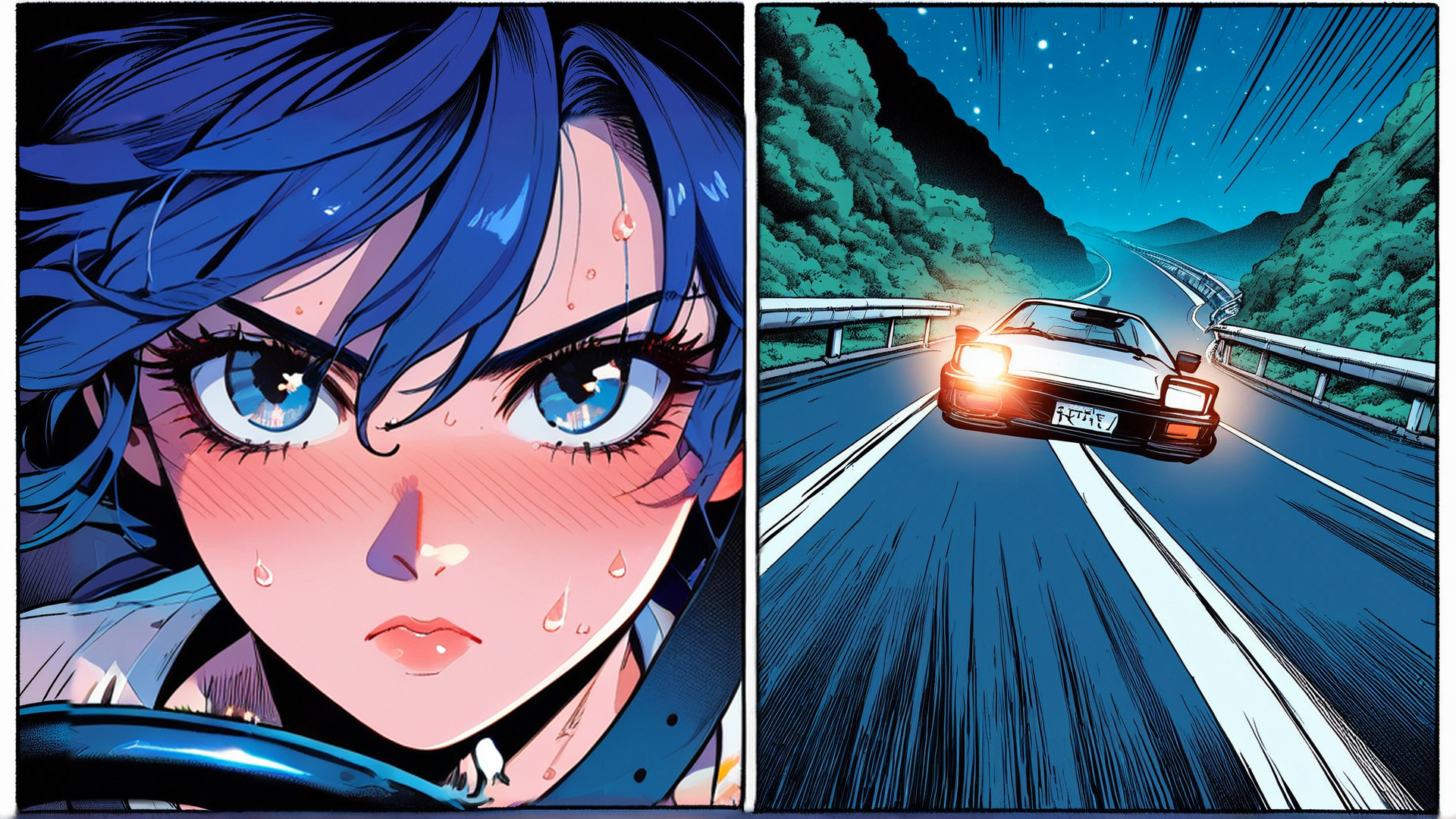 AI generated wallpaper featuring woman, car, road, night