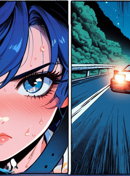woman, car, road, night
