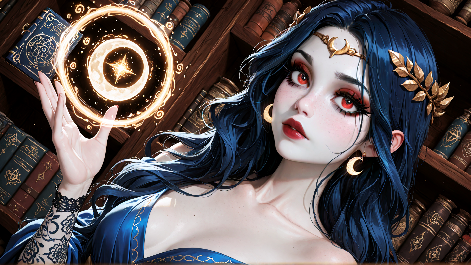 AI generated wallpaper featuring woman, book, circle, moon, star, bookshelf, hair, bracelet, earring, dress
