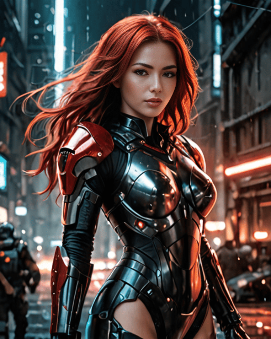 AI generated wallpaper featuring cyborg, woman, armor
