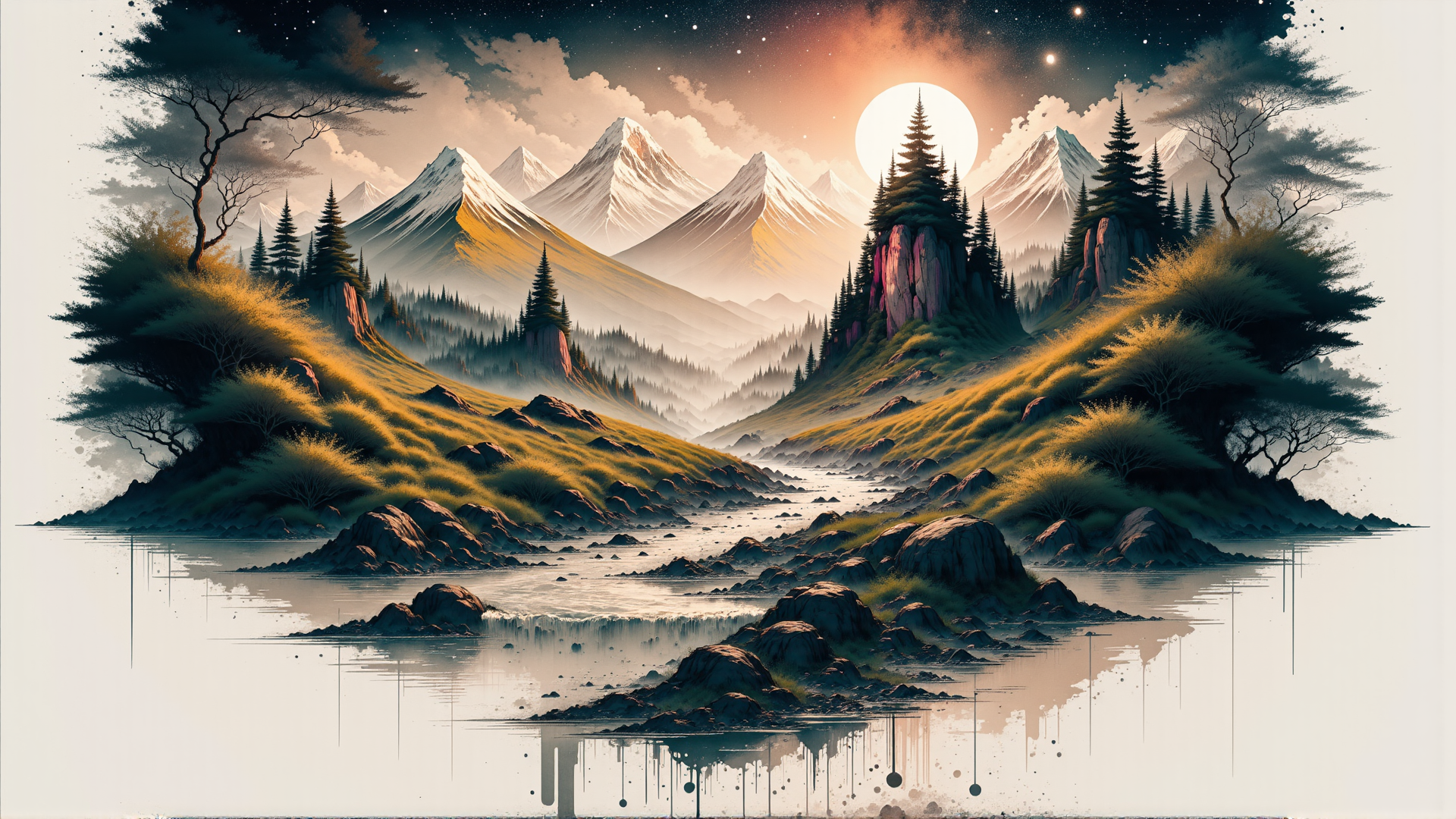 AI generated wallpaper featuring mountains, forest, water