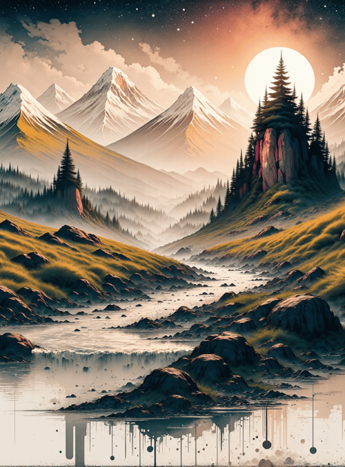 mountains, forest, water