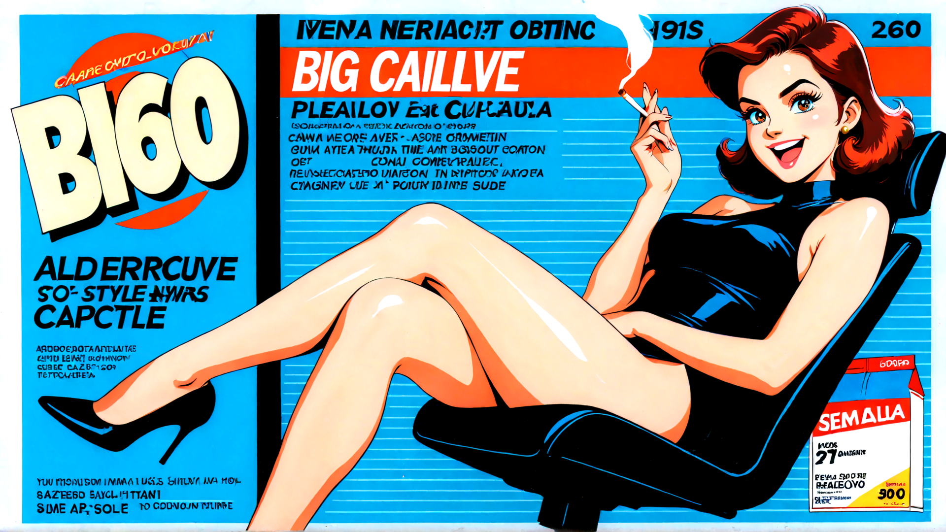AI generated wallpaper featuring woman, cigarette, chair, high heels, dress, advertisement, text, pack, cigarette pack, smoke